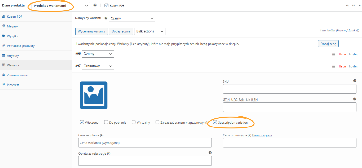 Zrzut ekranu z edycji produktu w WooCommerce z zaznaczonymi polami „produkt z wariantami” oraz „wariant subskrypcji” podczas konfiguracji dodatku „Subskrypcja z jednorazową opłatą” we wtyczce Flexible Subscriptions.